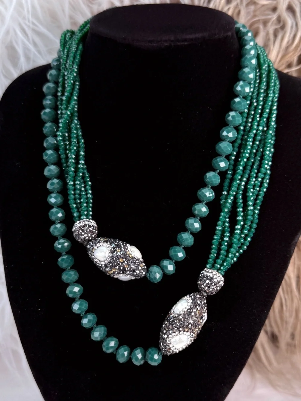 Emerald Green Multi Strand Faceted Bead Ornate Slip On Statement Necklace